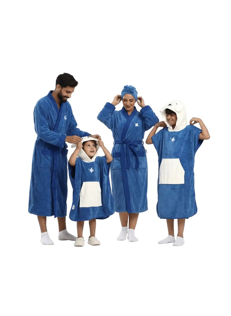 Relef Premium Family Bathrobe Set of 4 Pieces – 2 Unisex Bathrobes 3XL/XL + 2 Kids Cappa (0-3, 5-8 Years) Highly Absorbent Comfortable - Dark Blue - Image 1