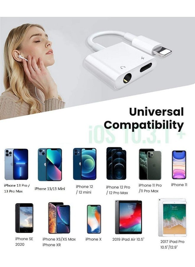 [Apple Mfi Certified] Lightning To 3.5 Mm Headphone Jack Adapter 2 In 1 Lightning To 3.5Mm Aux Audio + Charger Splitter Compatible With Iphone 13 12 11 Xs Xr X 8 Support All Ios&Volume Control