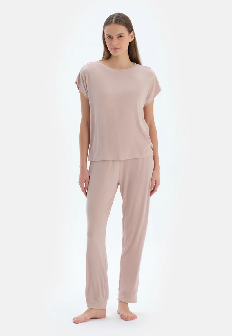 Regular/Classic Fit T-shirt & Trousers Pajama Sets Crew Neck Viscose Blend Sleepwear