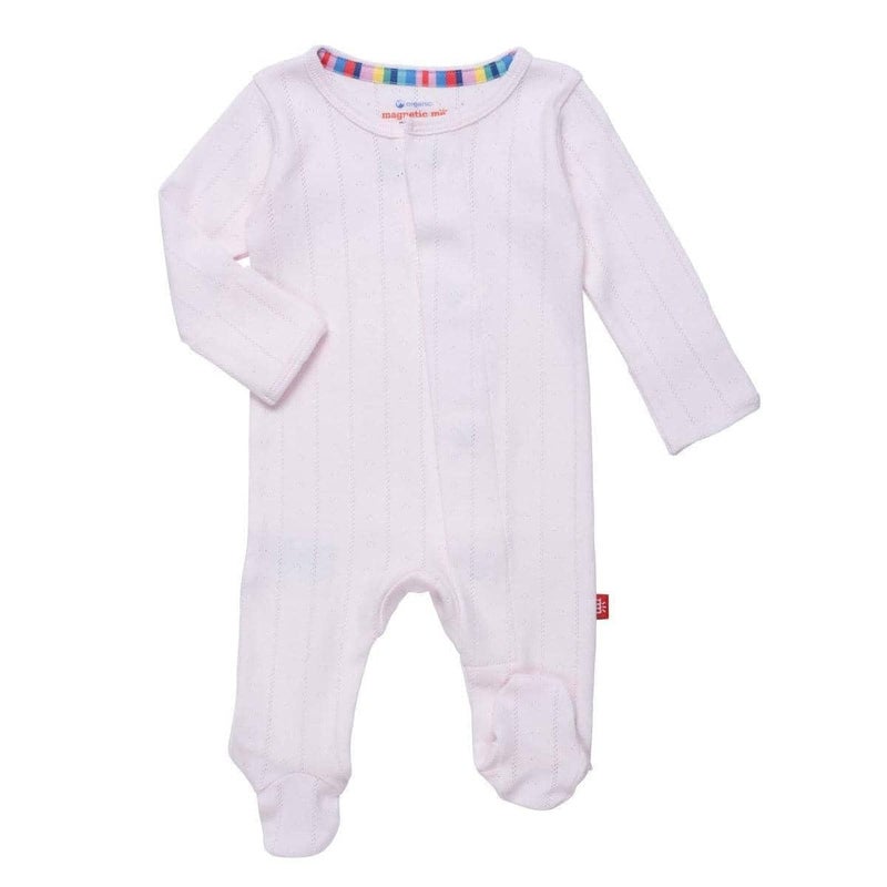 Magnetic Me 100% Organic Cotton Magnetic Baby Footie Pajamas | Super Soft Cotton Fabric | Love Lines Pink Pointelle | 0-3 Months - Image 1