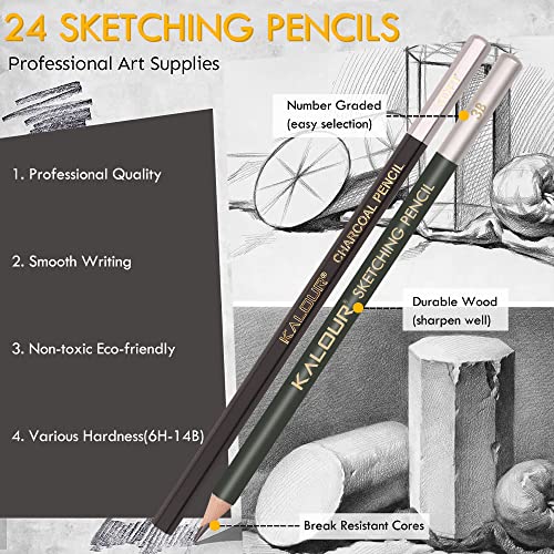 KALOUR 72-Pack Sketch Drawing Pencils Kit with Sketchbook and 3-color Drawing Paper,Tin Box,Include Graphite,Charcoal,Drawing Glove and Artists Tools,Pro Art Drawing Supplies for Adults Beginner - Image 3