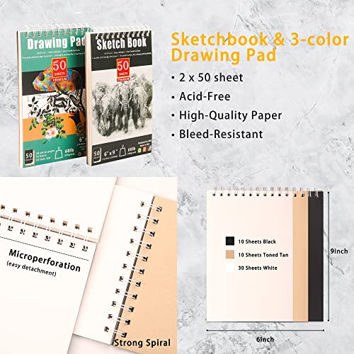 KALOUR 72-Pack Sketch Drawing Pencils Kit with Sketchbook and 3-color Drawing Paper,Tin Box,Include Graphite,Charcoal,Drawing Glove and Artists Tools,Pro Art Drawing Supplies for Adults Beginner - Image 5