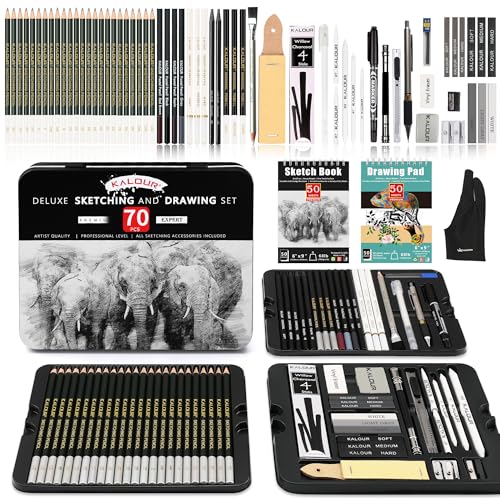 KALOUR 72-Pack Sketch Drawing Pencils Kit with Sketchbook and 3-color Drawing Paper,Tin Box,Include Graphite,Charcoal,Drawing Glove and Artists Tools,Pro Art Drawing Supplies for Adults Beginner - Image 1