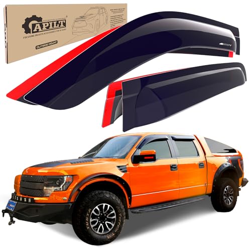 APILT Large Rain Guards Window Vent Visors for 20092014 Ford F150 SuperCrew 20102014 SVT Raptor SuperCrew OutsideMount Wind Deflector Truck Accessories Dark Smoke 4pcs with Thicker - Image 1