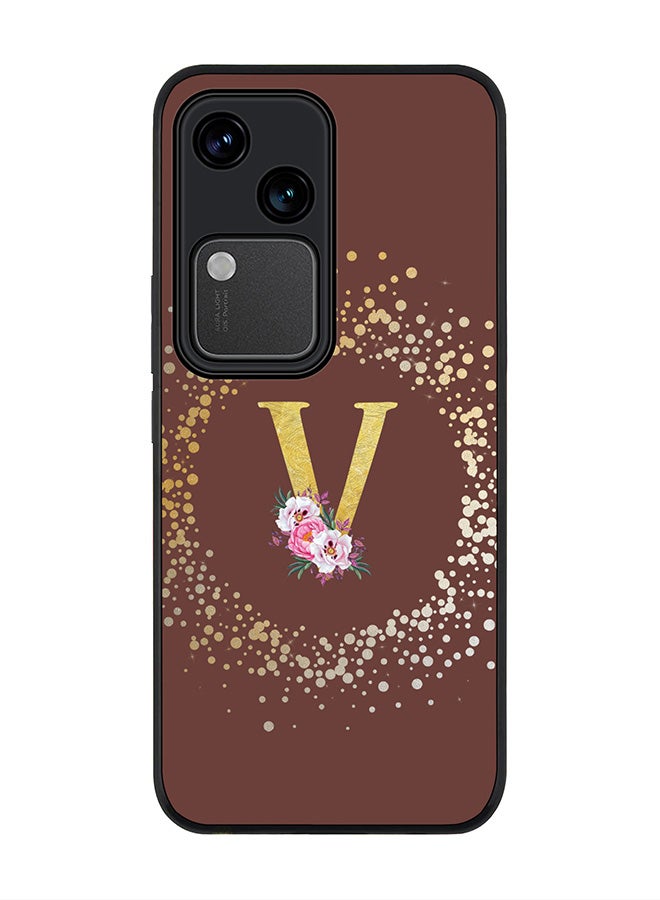 Stylizedd Rugged Black edge case for Vivo V30 5G, Slim fit Flexible Cover -  Custom Monogram Initial Letter Floral Pattern Alphabet - V  (Brown ) - Image 1