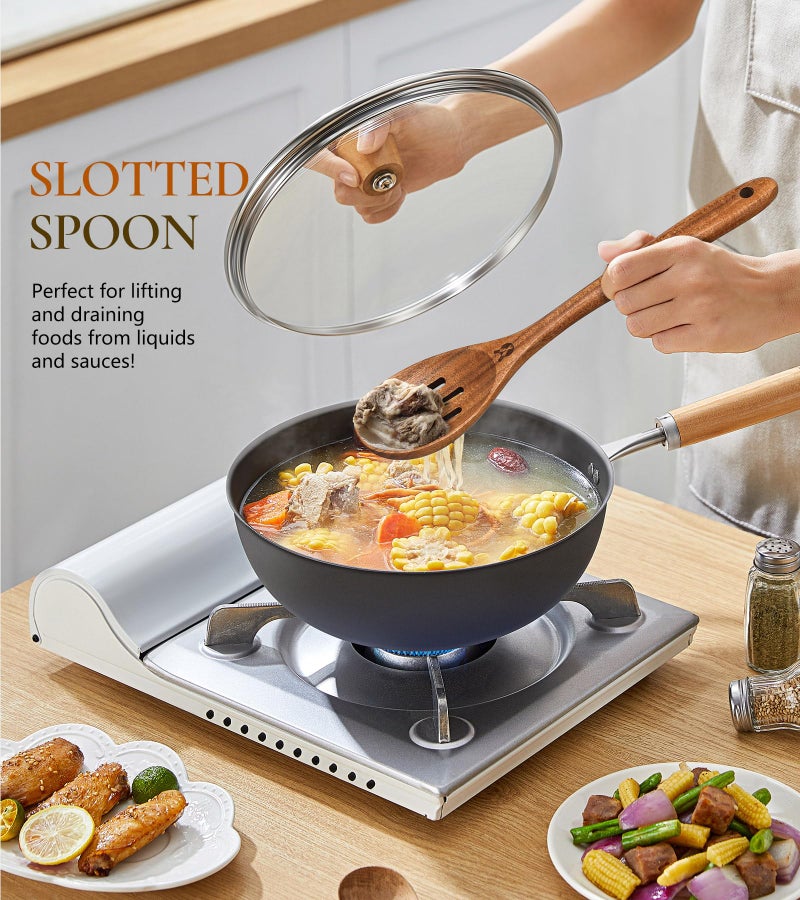 ICSTI Wooden Slotted Spoons for Cooking, Good Grips Large Wooden Slotted Spoon, Natural Premium Teak Spoons Spatula, Heat Resistant Cooking Utensils for Nonstick Cookware, Serving and Mixing - Image 4