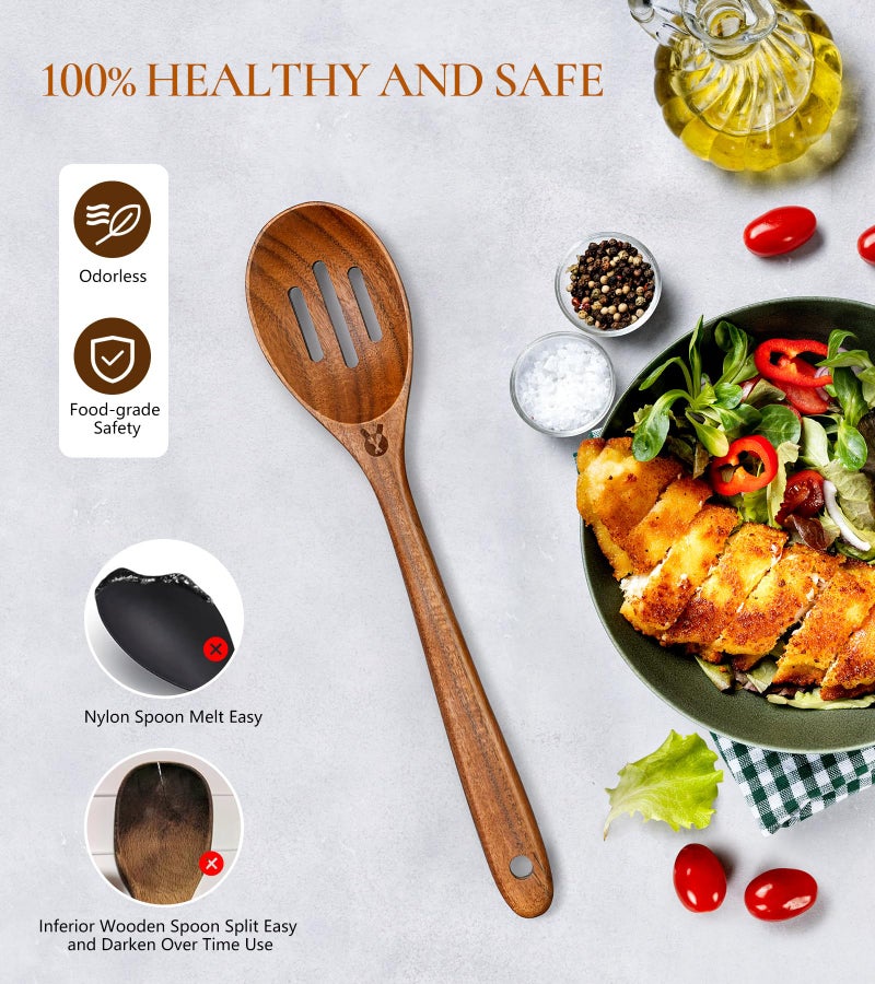 ICSTI Wooden Slotted Spoons for Cooking, Good Grips Large Wooden Slotted Spoon, Natural Premium Teak Spoons Spatula, Heat Resistant Cooking Utensils for Nonstick Cookware, Serving and Mixing - Image 5
