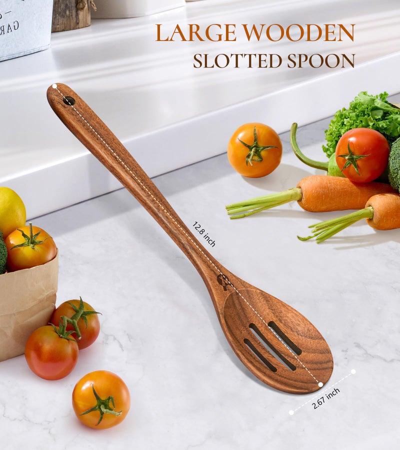 ICSTI Wooden Slotted Spoons for Cooking, Good Grips Large Wooden Slotted Spoon, Natural Premium Teak Spoons Spatula, Heat Resistant Cooking Utensils for Nonstick Cookware, Serving and Mixing - Image 3