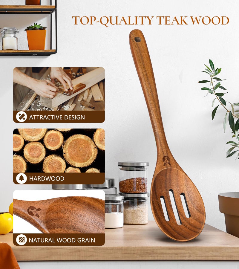 ICSTI Wooden Slotted Spoons for Cooking, Good Grips Large Wooden Slotted Spoon, Natural Premium Teak Spoons Spatula, Heat Resistant Cooking Utensils for Nonstick Cookware, Serving and Mixing - Image 2