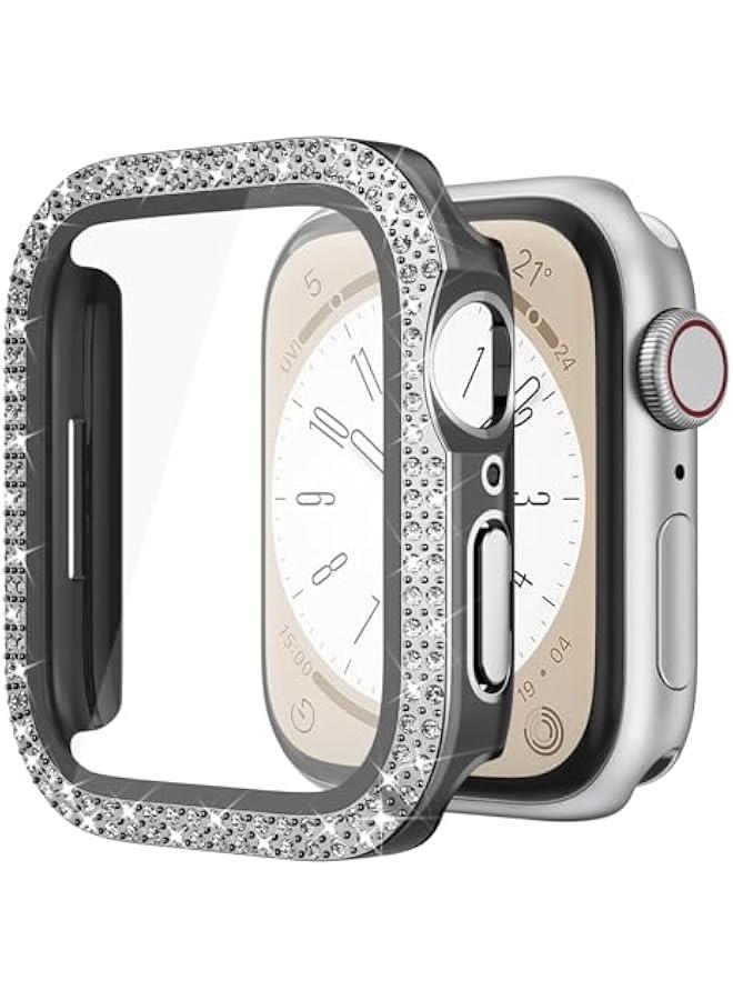 Compatible for Apple Watch Case Built in Tempered Glass Screen Protector 41mm Series 9 8 7 Crystal Diamond Rhinestone Bling Cases iWatch Protective Cover for Women Girls, Black+Silver Edge