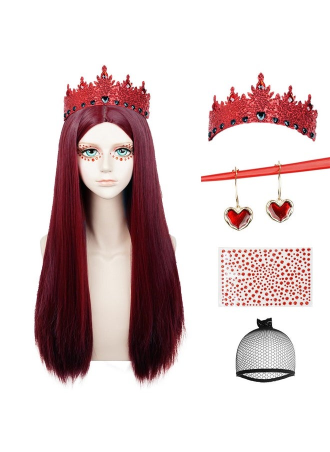 Probeauty Probeauty Long Dark Red Wig for Women, Queen Straight Red Costume Wig with Crown for Halloween Cosplay Party  - Image 1