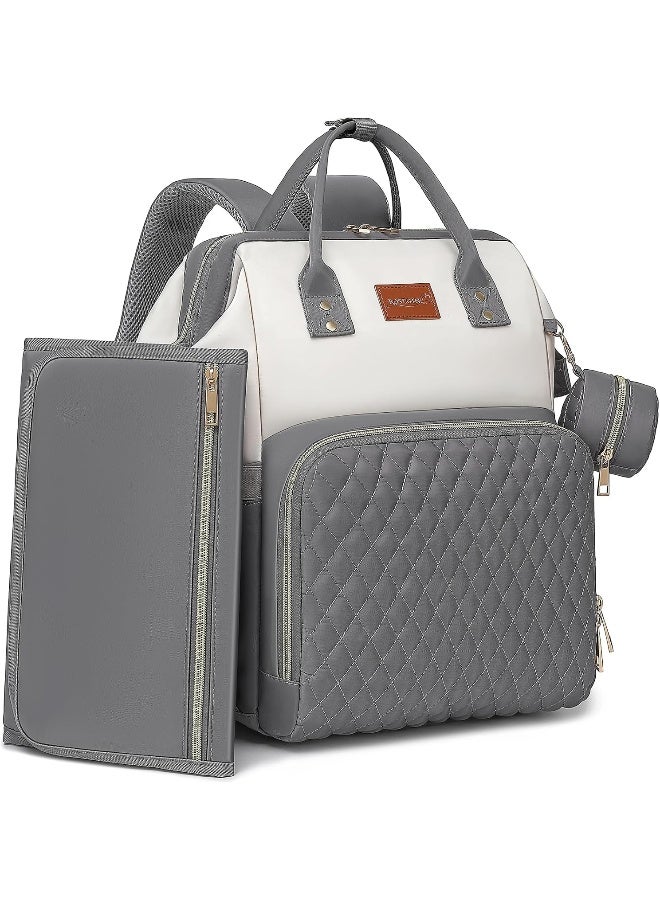 ROSEGIN Baby Diaper Bag Backpack with Changing Pad, Pacifier Case, for Boy Girl Toddler - Large, Stylish, Waterproof Travel Quilted Diaper Bag for Mom - Gray/White - Image 1
