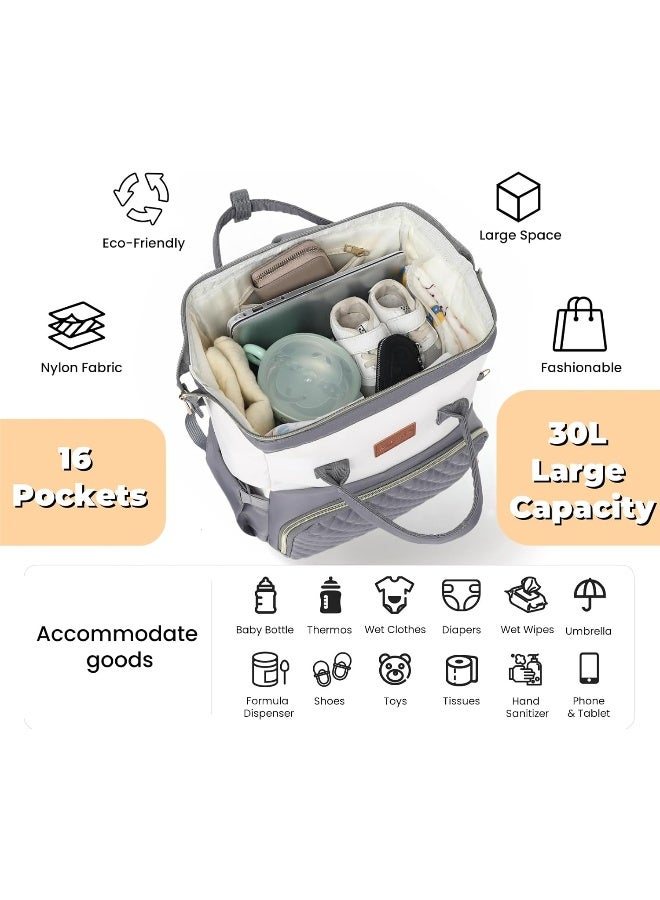 ROSEGIN Baby Diaper Bag Backpack with Changing Pad, Pacifier Case, for Boy Girl Toddler - Large, Stylish, Waterproof Travel Quilted Diaper Bag for Mom - Gray/White - Image 2