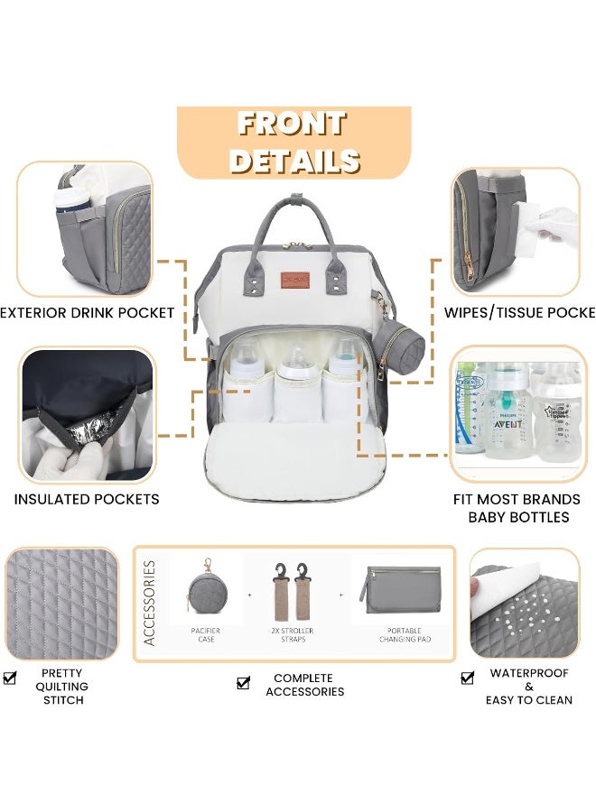 ROSEGIN Baby Diaper Bag Backpack with Changing Pad, Pacifier Case, for Boy Girl Toddler - Large, Stylish, Waterproof Travel Quilted Diaper Bag for Mom - Gray/White - Image 3