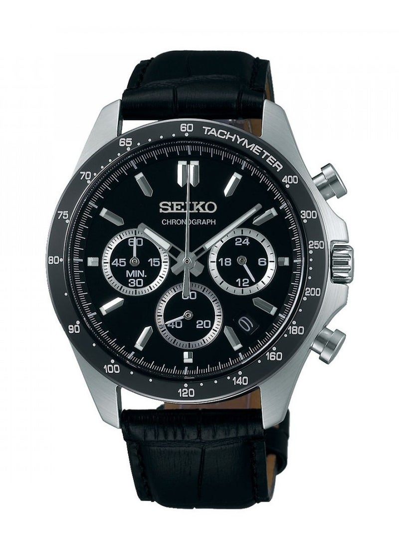 Seiko Spirit Chronograph Black Dial Leather Strap Men's Watch SBTR021 