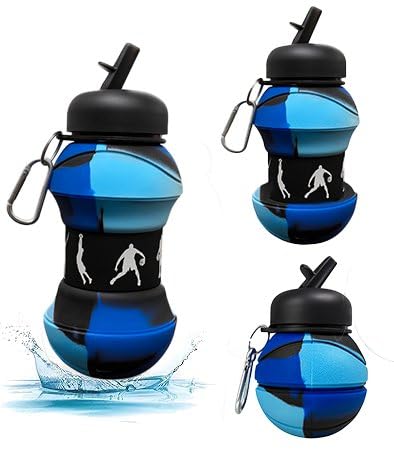 SOLDTRUE Basketball Design Collapsible Water Bottle 550ml. | BPA-Free Silicone, Leak-Proof Spout, Food Grade, with Carabiner Clip | For Gym, School, Sports & Travel (Blue) - Image 1