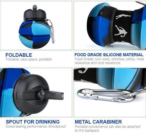SOLDTRUE Basketball Design Collapsible Water Bottle 550ml. | BPA-Free Silicone, Leak-Proof Spout, Food Grade, with Carabiner Clip | For Gym, School, Sports & Travel (Blue) - Image 2