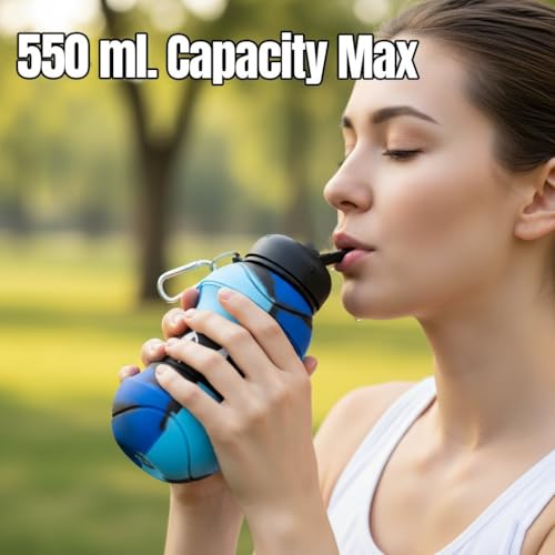 SOLDTRUE Basketball Design Collapsible Water Bottle 550ml. | BPA-Free Silicone, Leak-Proof Spout, Food Grade, with Carabiner Clip | For Gym, School, Sports & Travel (Blue) - Image 3