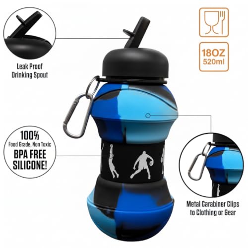 SOLDTRUE Basketball Design Collapsible Water Bottle 550ml. | BPA-Free Silicone, Leak-Proof Spout, Food Grade, with Carabiner Clip | For Gym, School, Sports & Travel (Blue) - Image 5