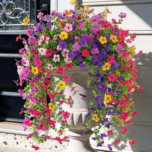 ADXORA 8PCS Artificial Hanging Fake Flowers for Outdoor Decoration Faux Silk Flowers Plants for Outdoor Outside Planter UV Resistant Daisy with Eucalyptus Leaves Porch Front Door Patio Balcony Yard Decor - Image 1