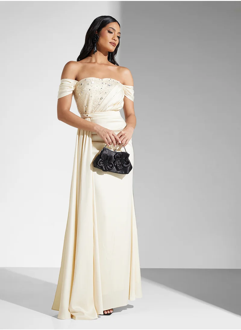 نمشي x Off Shoulder Embellished A Line Dress