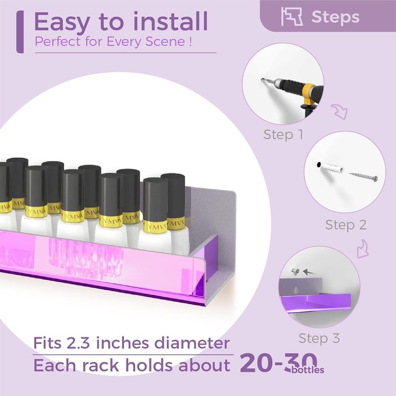 RORKIM 4 Pack 15 Inch Purple Reflective Acrylic Shelves, Purple Floating Shelves, Modern Sunglasses Essential Oil Picture Ledge Display Toy Storage Shelf - Image 5