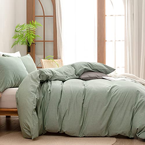 BESTOUCH Duvet Cover Set 100% Washed Cotton Linen Feel Super Soft Comfortable Chic Lightweight 3 PCs Home Bedding Set Solid Green Queen - Image 3
