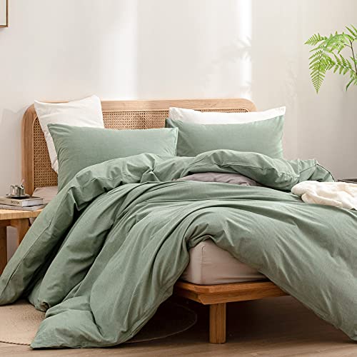 BESTOUCH Duvet Cover Set 100% Washed Cotton Linen Feel Super Soft Comfortable Chic Lightweight 3 PCs Home Bedding Set Solid Green Queen - Image 4