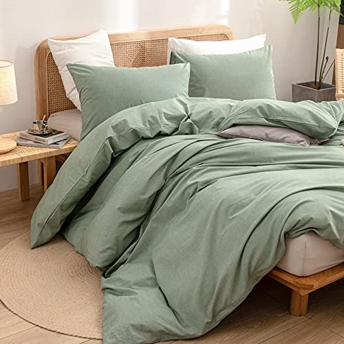 BESTOUCH Duvet Cover Set 100% Washed Cotton Linen Feel Super Soft Comfortable Chic Lightweight 3 PCs Home Bedding Set Solid Green Queen - Image 5