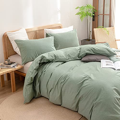 BESTOUCH Duvet Cover Set 100% Washed Cotton Linen Feel Super Soft Comfortable Chic Lightweight 3 PCs Home Bedding Set Solid Green Queen - Image 2