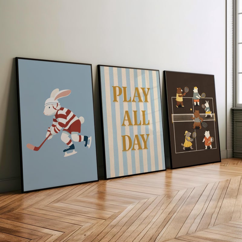 TNESSENTIAL Whimsical Sports Nursery Wall Art Set of 3 Poster or Canvas Print, Bears Tennis and Bunny Hockey Prints, Blue Striped Play All Day Decor - Image 4