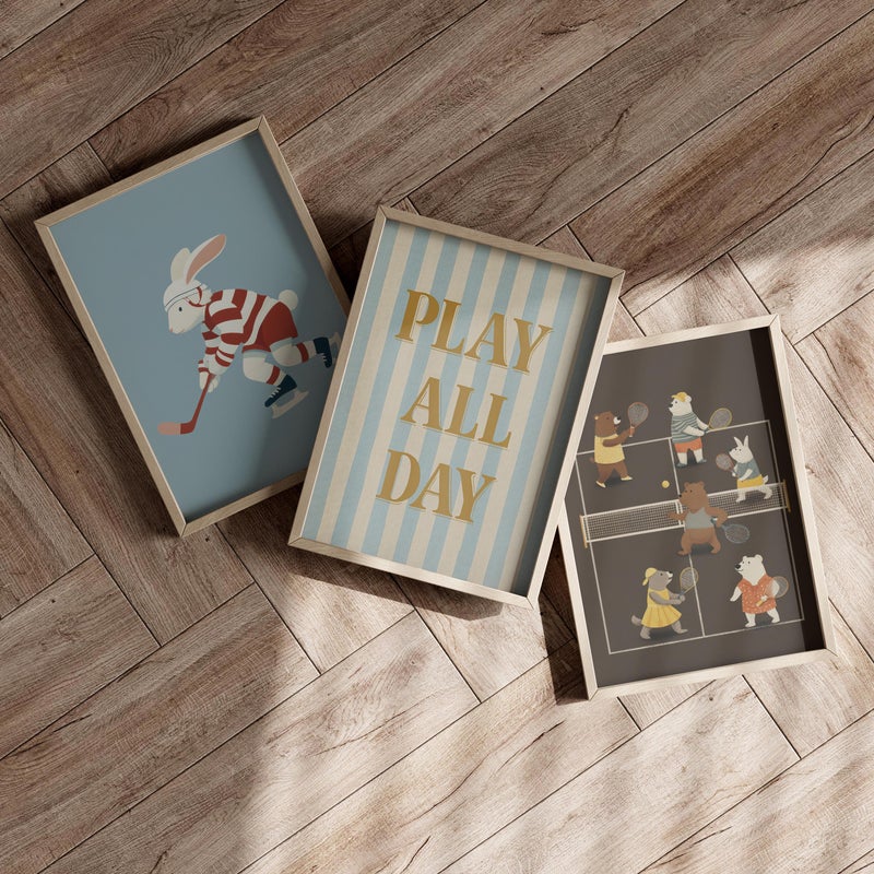 TNESSENTIAL Whimsical Sports Nursery Wall Art Set of 3 Poster or Canvas Print, Bears Tennis and Bunny Hockey Prints, Blue Striped Play All Day Decor - Image 1