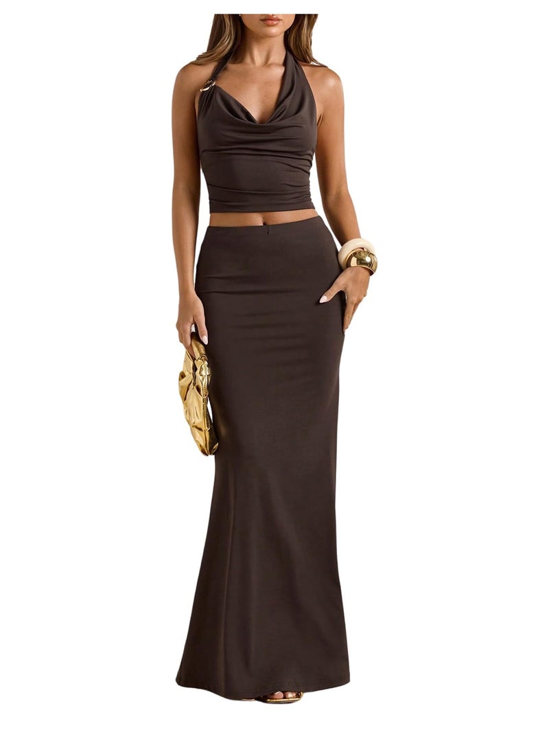 MakeMeChic Women's Party Skirt Sets Two Piece Set Going Out Halter Tops and Maxi Skirt Brown Small - Image 1