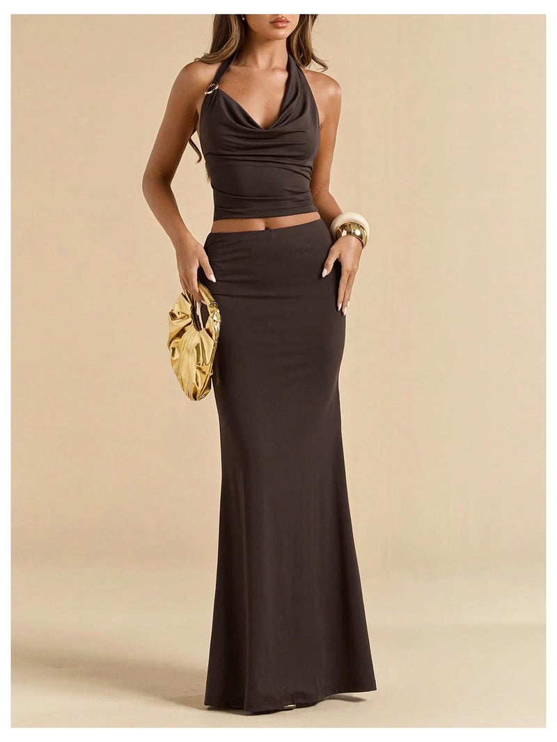 MakeMeChic Women's Party Skirt Sets Two Piece Set Going Out Halter Tops and Maxi Skirt Brown Small - Image 5