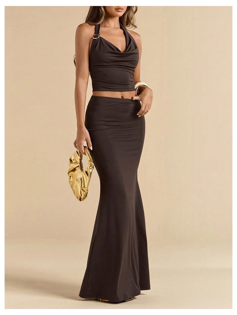 MakeMeChic Women's Party Skirt Sets Two Piece Set Going Out Halter Tops and Maxi Skirt Brown Small - Image 2