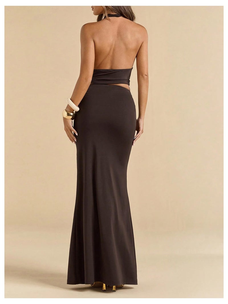 MakeMeChic Women's Party Skirt Sets Two Piece Set Going Out Halter Tops and Maxi Skirt Brown Small - Image 3