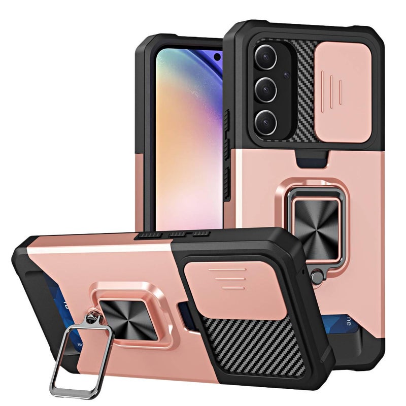 غطاء واقي بTPU + PC لـ Samsung S25 Ultra / Samsung S25 مع حامل بطاقات وحامل قائم مع مقاوم للصدمات مع حماية من السقوط باللون ذهبي وردي بوظيفة حامل من مادة TPU أثناء التنقل للطاولة - Image 1