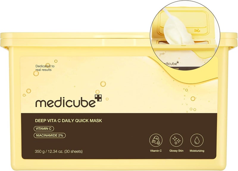 Medicube قناع ديب فيتا سي اليومي السريع 30 ورقة، أقنعة ورقية نباتية للتفتيح والترطيب مع فيتامين سي ونياسيناميد، أقنعة وجه يومية لبشرة متألقة ومشرقة، موزع سهل لجميع أنواع البشرة - Image 1