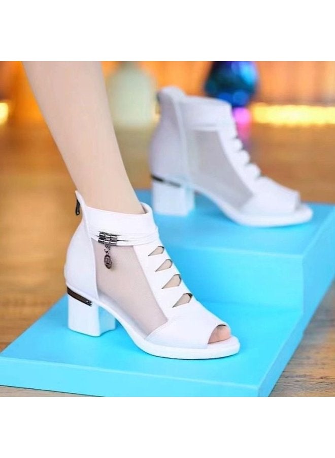 Summer New Sandals Women's Breathable Mid-heel Mesh Short Boots Fashionable Mid-heel Sandals Thick-heeled Hollow-out Fishmouth Shoes