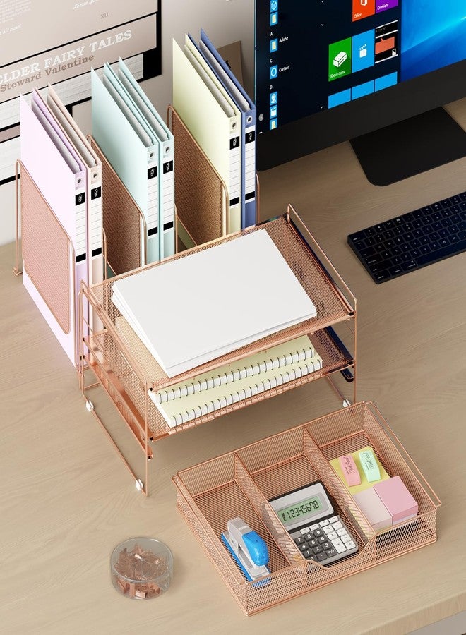 LEKETREE Desk Organizers and Accessories, 3-Tier File Organizer with Drawer and Pen Holder, Paper Organizer with 5 Vertical File Holders, Office Desk Accessories & Workspace Organizers (Rose Gold) - Image 3