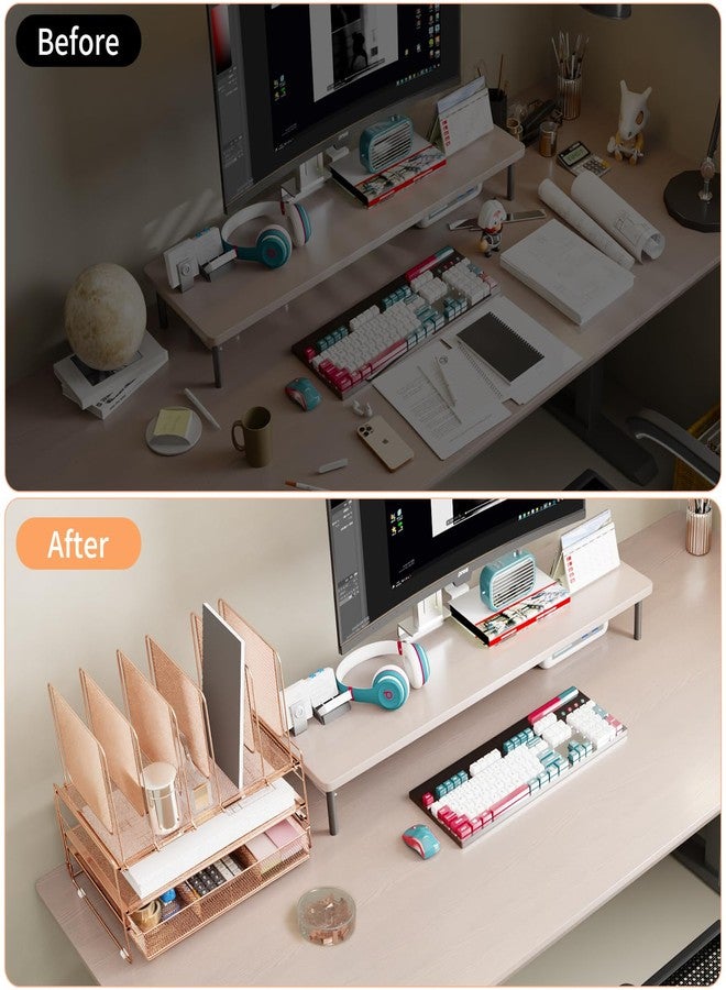 LEKETREE Desk Organizers and Accessories, 3-Tier File Organizer with Drawer and Pen Holder, Paper Organizer with 5 Vertical File Holders, Office Desk Accessories & Workspace Organizers (Rose Gold) - Image 4