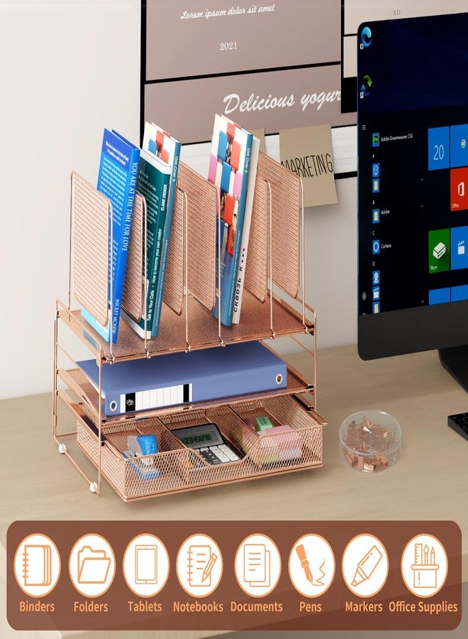 LEKETREE Desk Organizers and Accessories, 3-Tier File Organizer with Drawer and Pen Holder, Paper Organizer with 5 Vertical File Holders, Office Desk Accessories & Workspace Organizers (Rose Gold) - Image 2