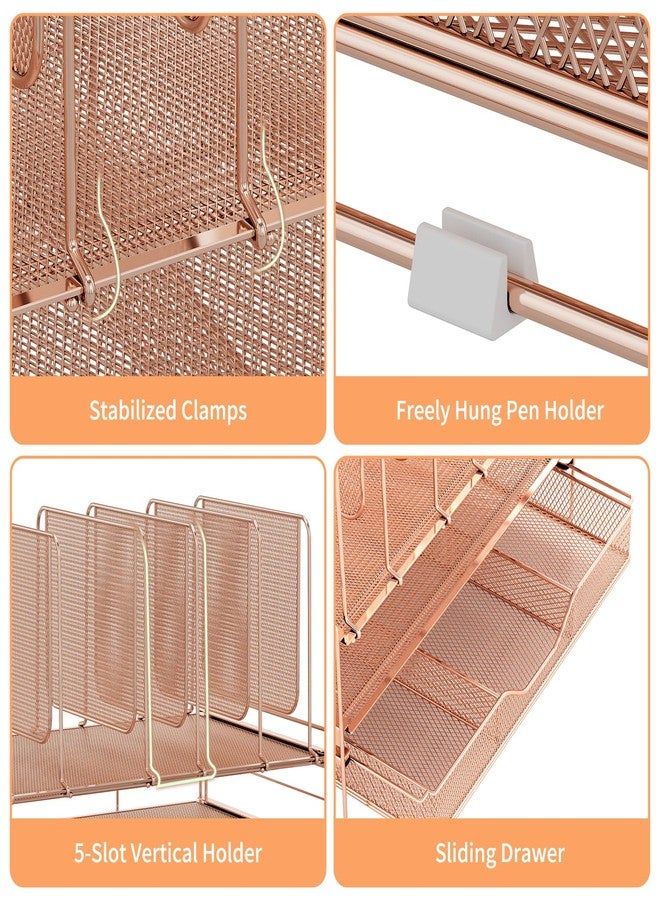 LEKETREE Desk Organizers and Accessories, 3-Tier File Organizer with Drawer and Pen Holder, Paper Organizer with 5 Vertical File Holders, Office Desk Accessories & Workspace Organizers (Rose Gold) - Image 5