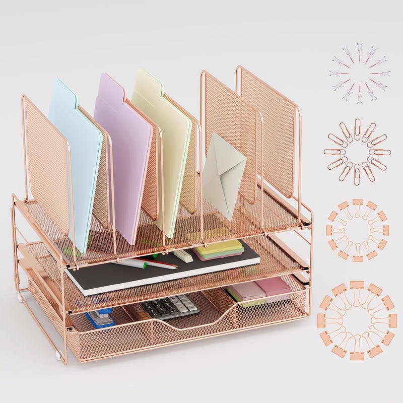 LEKETREE Desk Organizers and Accessories, 3-Tier File Organizer with Drawer and Pen Holder, Paper Organizer with 5 Vertical File Holders, Office Desk Accessories & Workspace Organizers (Rose Gold) - Image 1