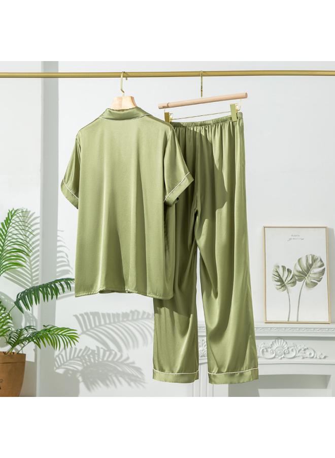 VUELO Stretch Plain Crepe Satin Silk Mulberry Silk Pajamas Women's Suit Summer Basic Home Clothes Short-sleeved Trousers Plus Size Light Luxury - Image 2