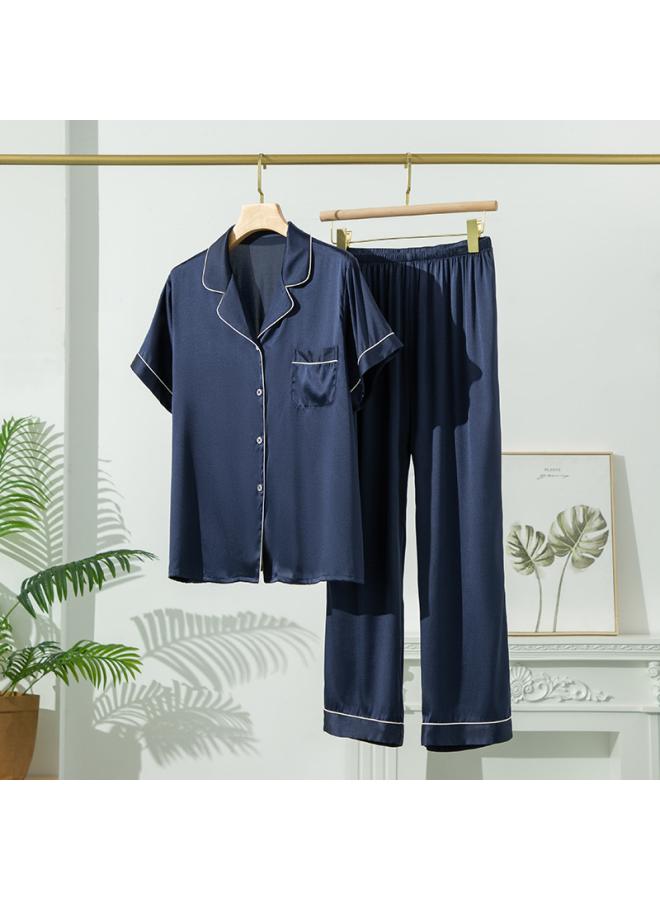 VUELO Stretch Plain Crepe Satin Silk Mulberry Silk Pajamas Women's Suit Summer Basic Home Clothes Short-sleeved Trousers Plus Size Light Luxury - Image 1