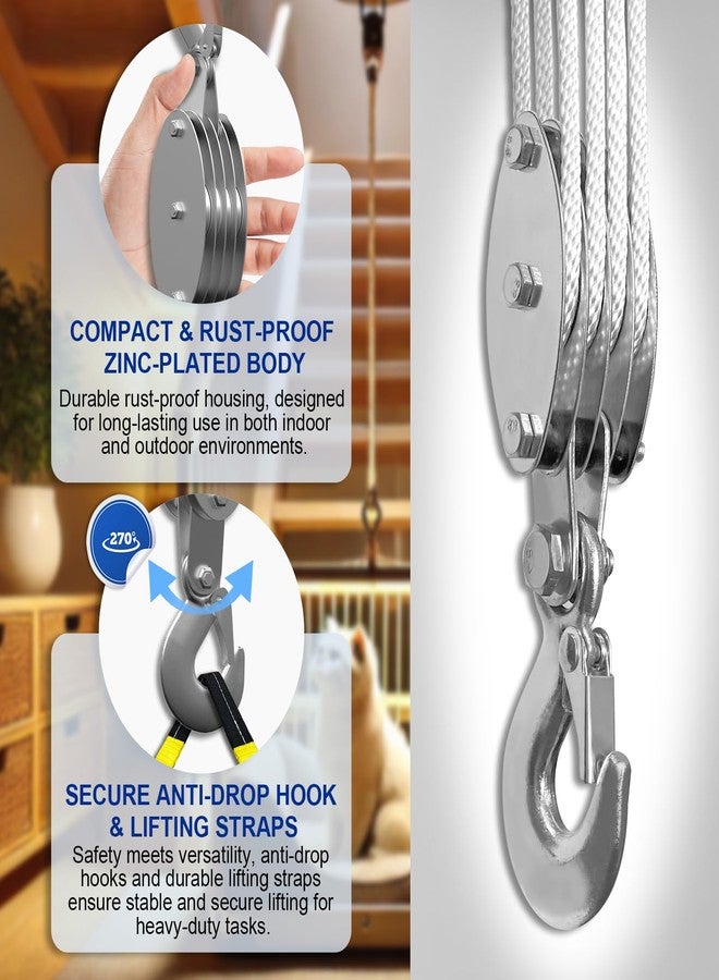 SALIFTFE Block and Tackle Pulley System, Upgraded 4-Wheel Rope Pulley Hoist with 2 Lift Sling Straps, 8:1 Lifting Power, 2200 lbs. WLL with 65Ft of 1/4” Rope, Compact Rope Hoist for Garage and Hunting - Image 4