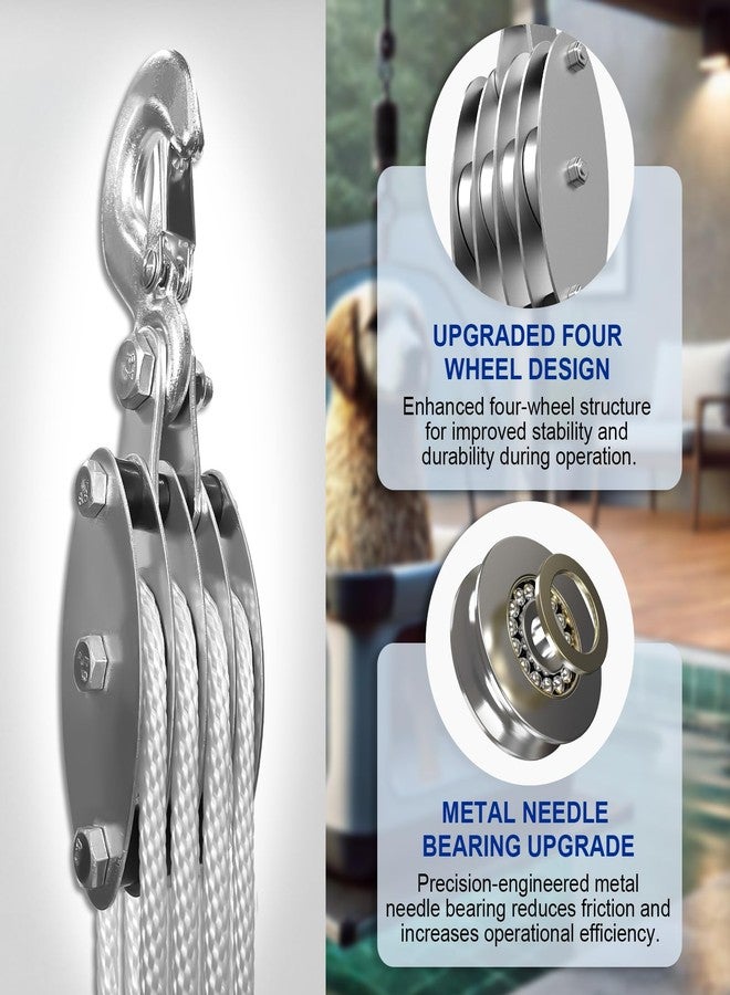 SALIFTFE Block and Tackle Pulley System, Upgraded 4-Wheel Rope Pulley Hoist with 2 Lift Sling Straps, 8:1 Lifting Power, 2200 lbs. WLL with 65Ft of 1/4” Rope, Compact Rope Hoist for Garage and Hunting - Image 3