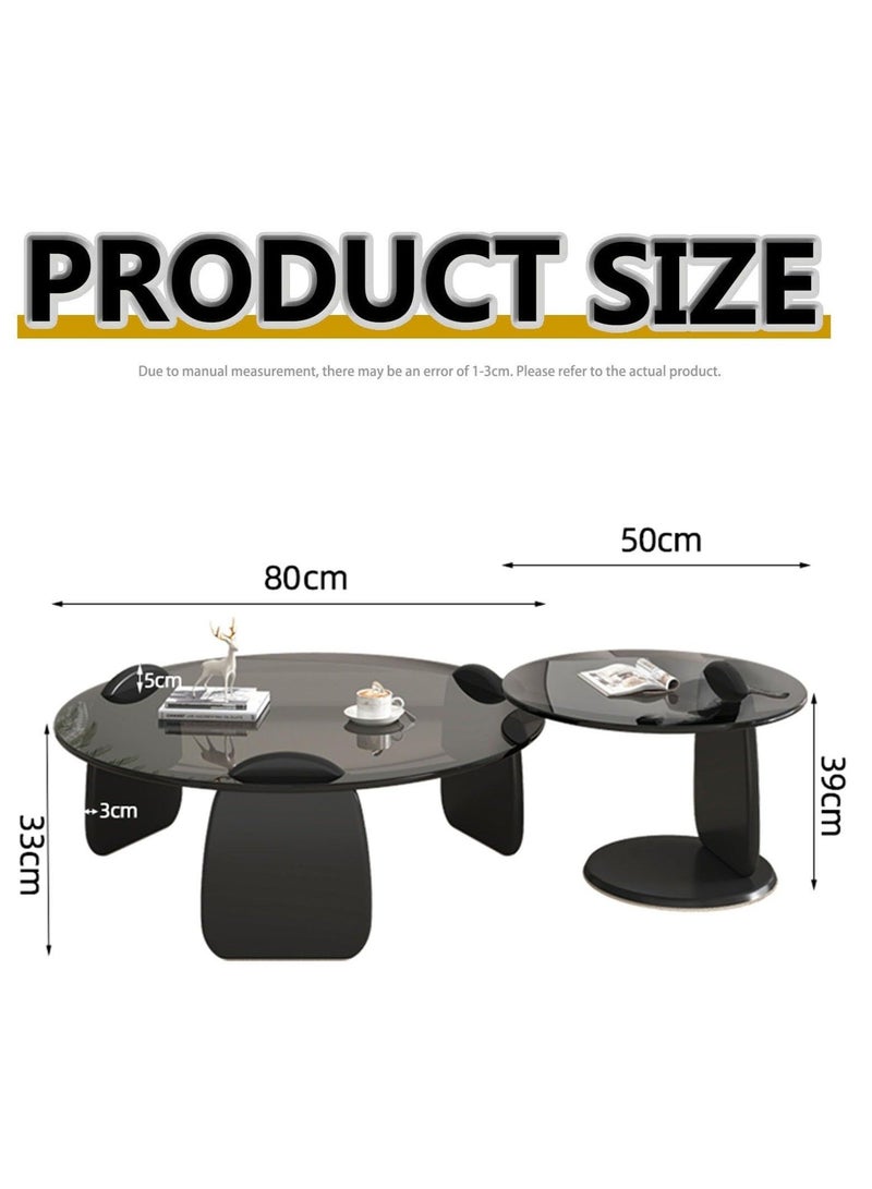 والالا طقم طاولة قهوة دائرية فاخرة حديثة، طاولات قهوة زجاجية، زجاج مقسّى، حواف ناعمة، إطار بسمك 3 سم، طاولات قهوة كبيرة 80 سم وصغيرة 50 سم، مناسبة لغرفة المعيشة، لون أسود - Image 2