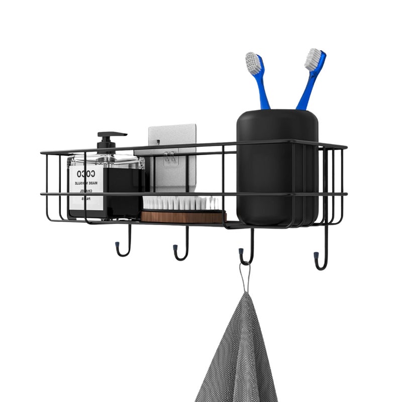 RAYMOX Stainless Steel Bathroom Shelf for Wall, Self Adhesive Bathroom Organiser, 4 Hooks for Towel Holder, Space-Saving Wall Mounted Bathroom Shelf with Elegant Design (Pack of 1, Black) - Image 1